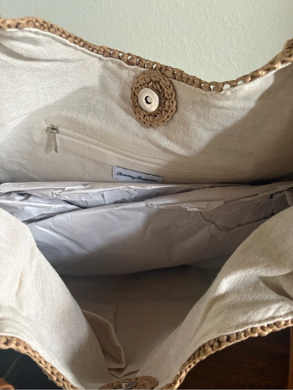 Tommy Bahama Two-Tone Woven Tote in Tan and Brown with Tassel